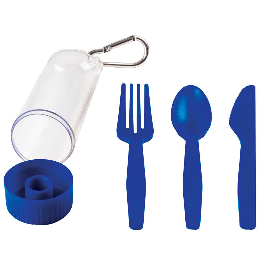 Набор &quot;Pocket&quot;:ложка,вилка,нож в футляре с карабином, синий, 4,2х15см,пластик