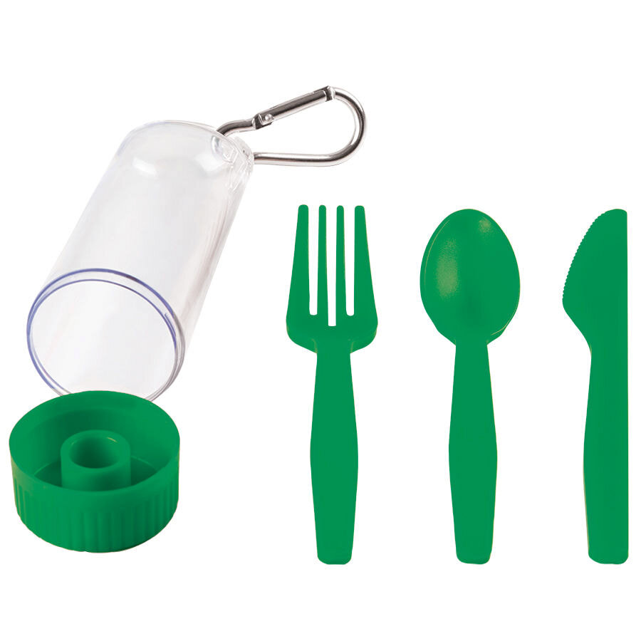 Набор &quot;Pocket&quot;:ложка,вилка,нож в футляре с карабином, зеленый, 4,2х15см,пластик