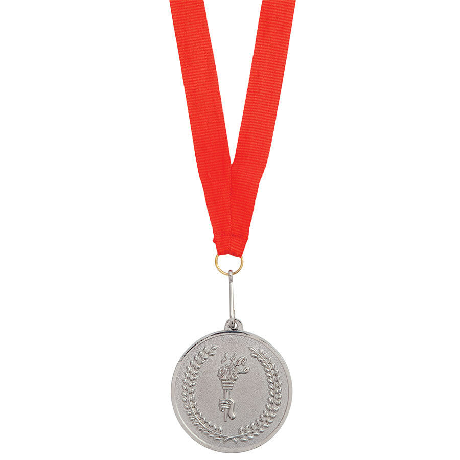 Медаль наградная на ленте &quot;Серебро&quot;; 48 см., D=5см.; текстиль, металл; лазерная гравировка, шелкогра