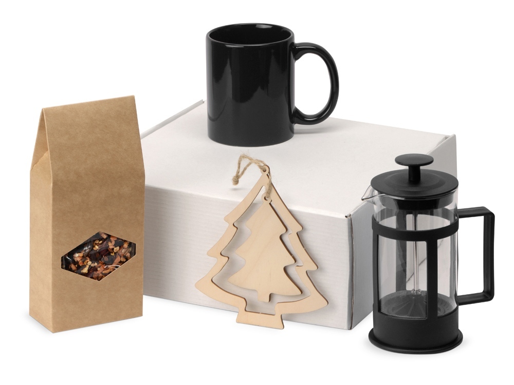 Подарочный набор с чаем, кружкой, френч-прессом и новогодней подвеской &quot;Чаепитие&quot;, черный