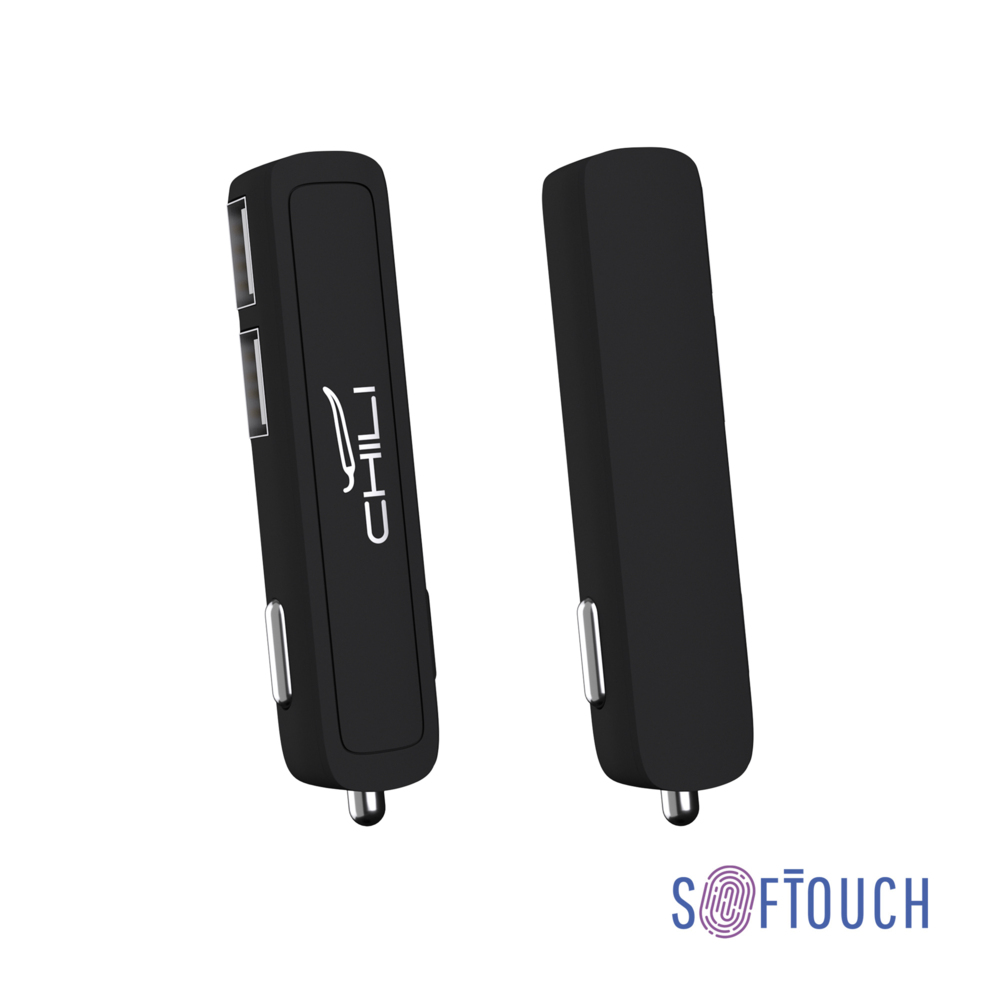 Автомобильное зарядное устройство &quot;Slam&quot; с 2-мя разъёмами USB, покрытие soft touch черный