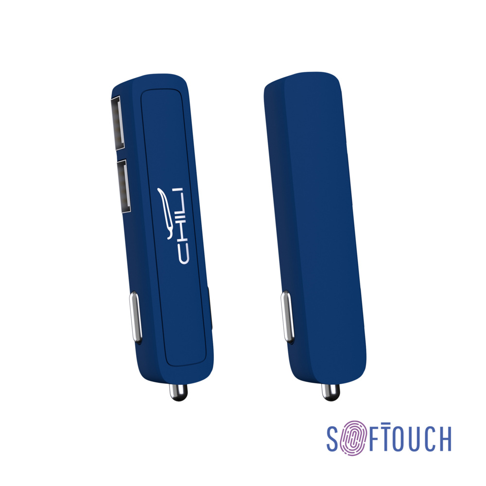 Автомобильное зарядное устройство &quot;Slam&quot; с 2-мя разъёмами USB, покрытие soft touch темно-синий